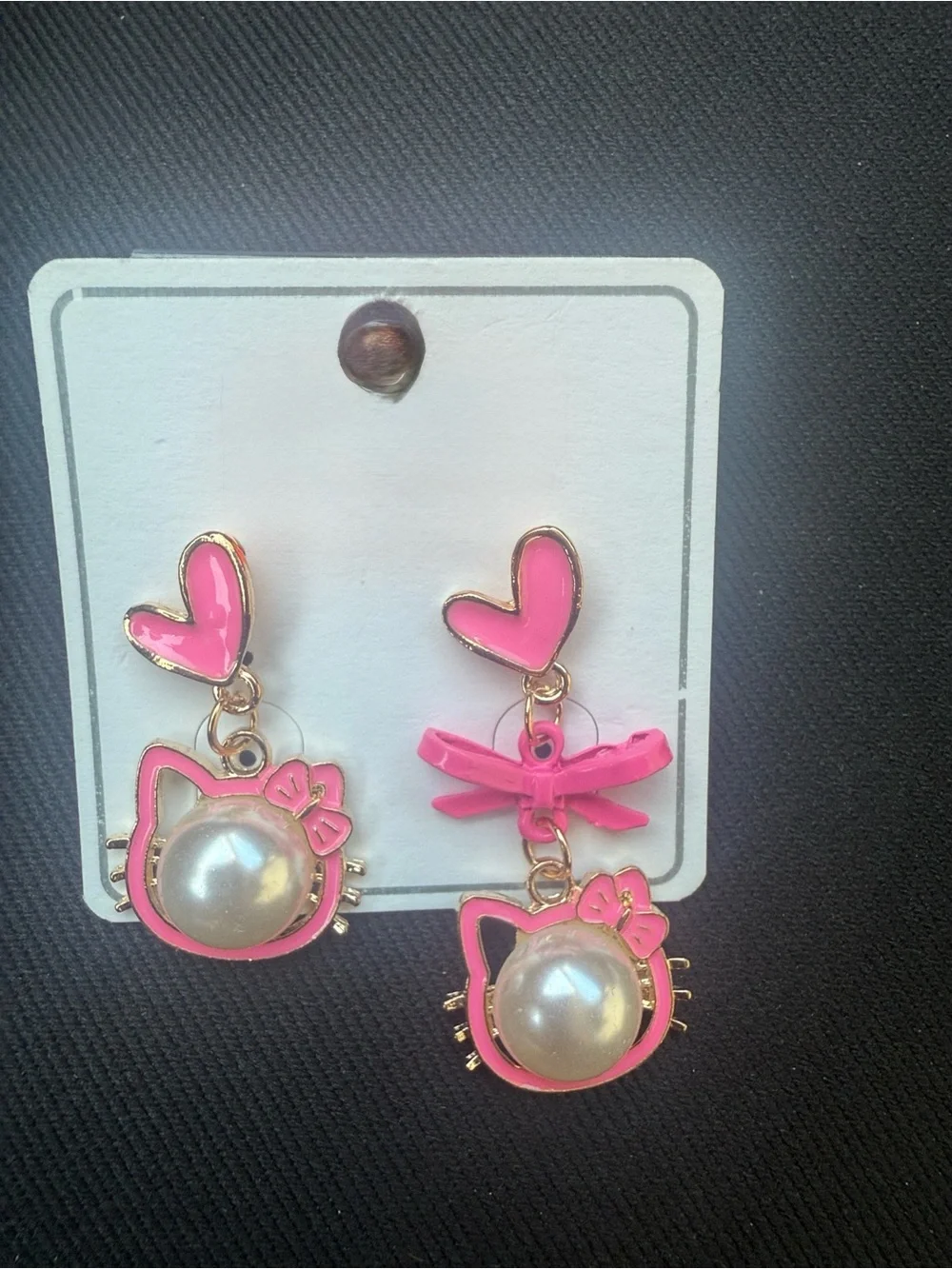 Pink Pearl Cat Drop Earrings for Kids - Cute Heart & Bow Design